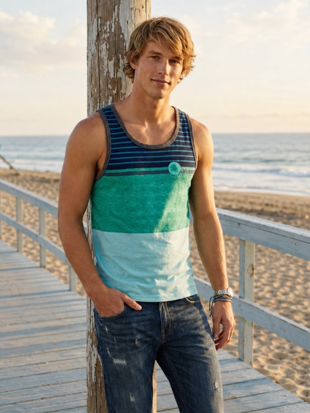 Belize M Tank Top Blue Green Cotton Colorblock Graphic Tropical Retro Statement